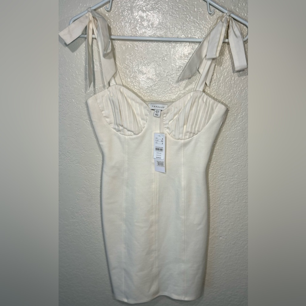 NWT TopShop Bow Lace Straps Low Cut Mini Bodycon Off White Dress - Size 2